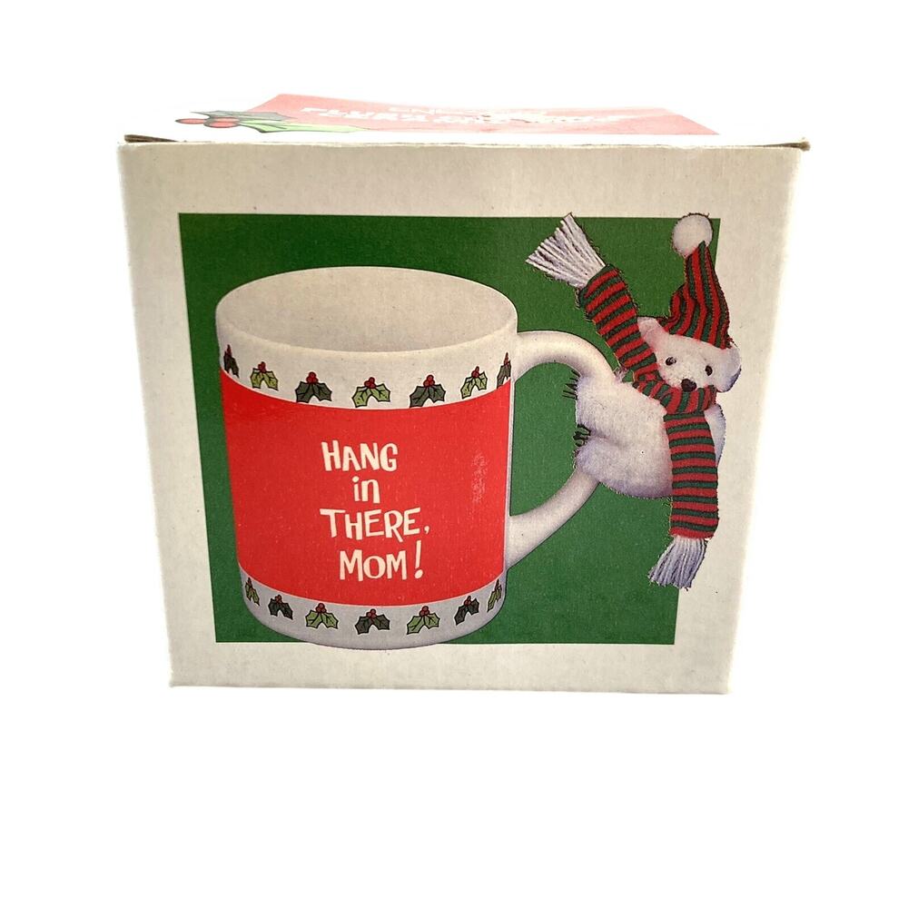 Mom Mug Hang in There Mom Ceramic and Plush Clip On Bear Enesco 1986 NEW